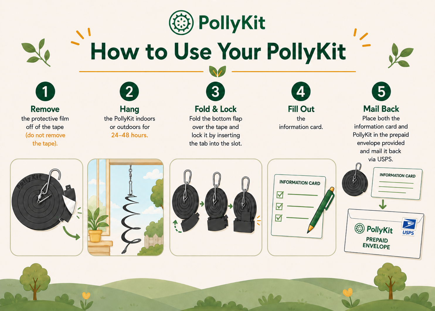 PollyKit instruction card showing five steps: 1. Remove the protective film off of the tape, but do not remove the tape. 2. Hang the PollyKit indoors or outdoors for 24 to 48 hours. 3. Fold the bottom flap over the tape and lock it by inserting the tab into the slot. 4. Fill out the information card. 5. Place both the information card and PollyKit in the prepaid envelope provided and mail it back via USPS.