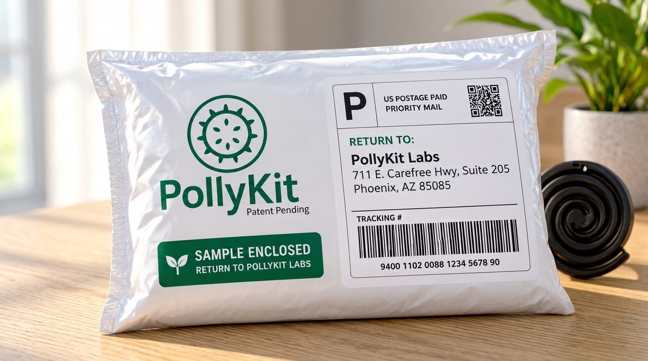 The prepaid PollyKit Labs return mailer with the sample enclosed